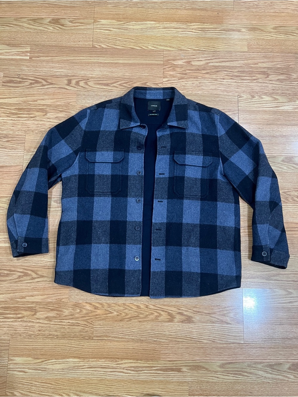 Vince Italian Splittable Wool Blend Navy Blue Plaid Lightweight Shirt Jacket